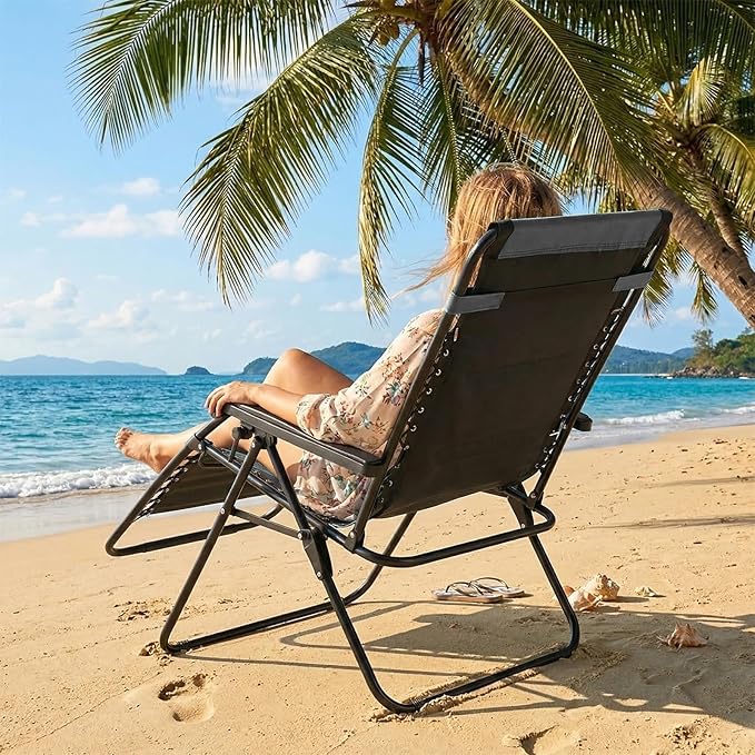 Sweetcrispy Zero Gravity Chairs, Foldable Patio Reclining Chairs with Adjustable Pillow & Cup Holder, Oversized Portable Support 400 lbs, for Backyard Camping(Black-Gray)