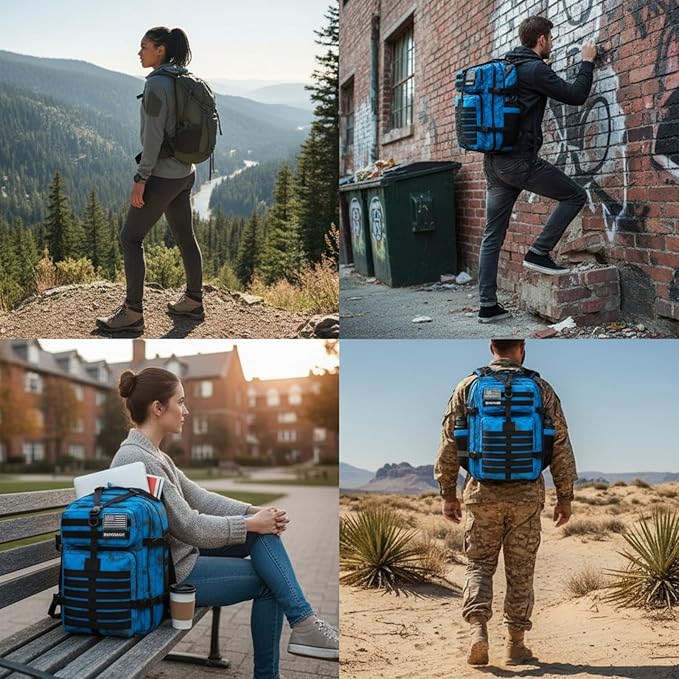 45L Military Tactical Backpack for Men & Women Bug Out Bag Assault pack Molle Daypack Hiking Trekking Rucksack (2.0 side pockets （blue tie dye）)