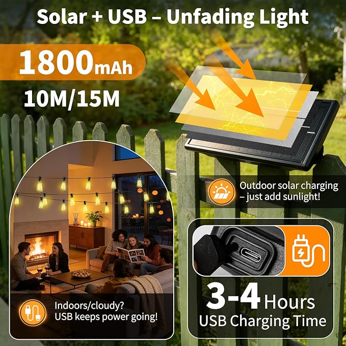 Solar Lights Outdoor Waterproof: ST38 33FT 10M Shatterproof Bulbs Patio Lights - Solar Powered & USB Charging- Remote Control 3 Light Modes Dimmable Solar Light - Camping Backyard Garden
