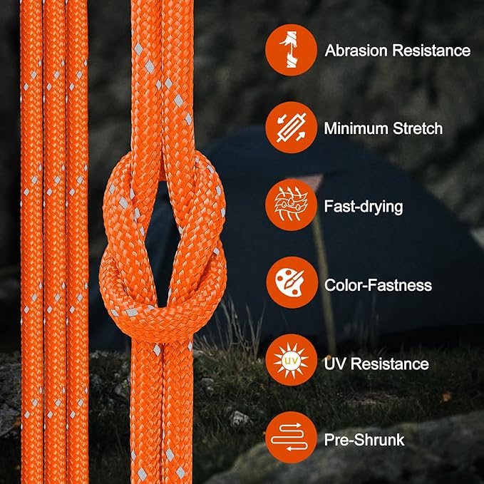 Reflective Paracord Rope 850Ib, 50/100/200/500/1000ft 4MM 11 Strand Strong Heavy-Duty Parachute Spool Cord, para Cord Lanyard for Hammock, Camping, Hiking and Survival, Orange 500FT