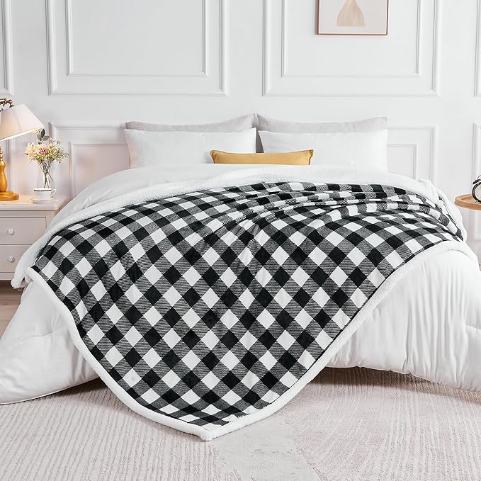 BEDELITE Sherpa Fleece Blankets King Size - Black and White Buffalo Plaid Christmas Blanket, Super Soft Cozy Warm Thick Winter Blanket for Couch and Bed, 108" x 90"
