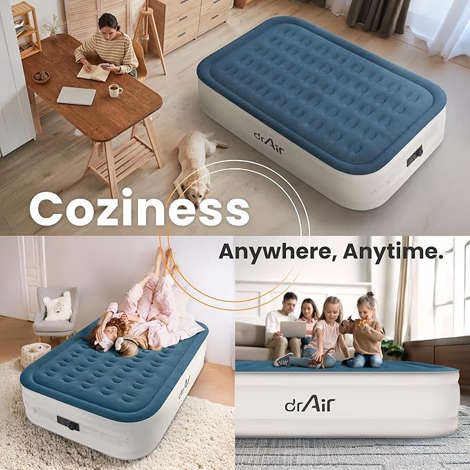 Dr. air Queen Air Mattress with Built-in Pump, 18" Raised Blow Up Mattress, 800 lbs Max Honeycomb Air Bed, 48Hr Leak-Proof Test, 3min Inflatable Mattress for Home, Guests, Camping, Colchones inflables