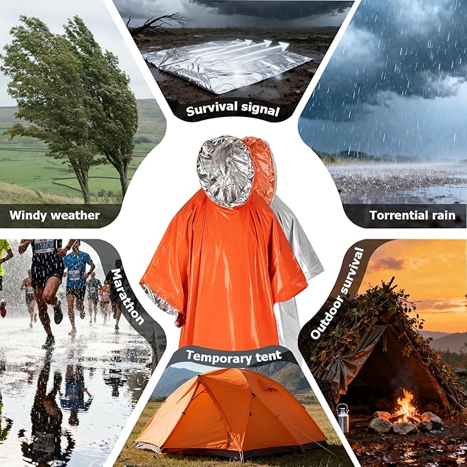 4 Pack Emergency Rain Ponchos, Emergency Insulation Blanket, Portable Outdoor Kit, Hurricane Preparedness Items, Waterproof, Windproof, Suitable For Camping Gear, Outdoor Travel(Orange)