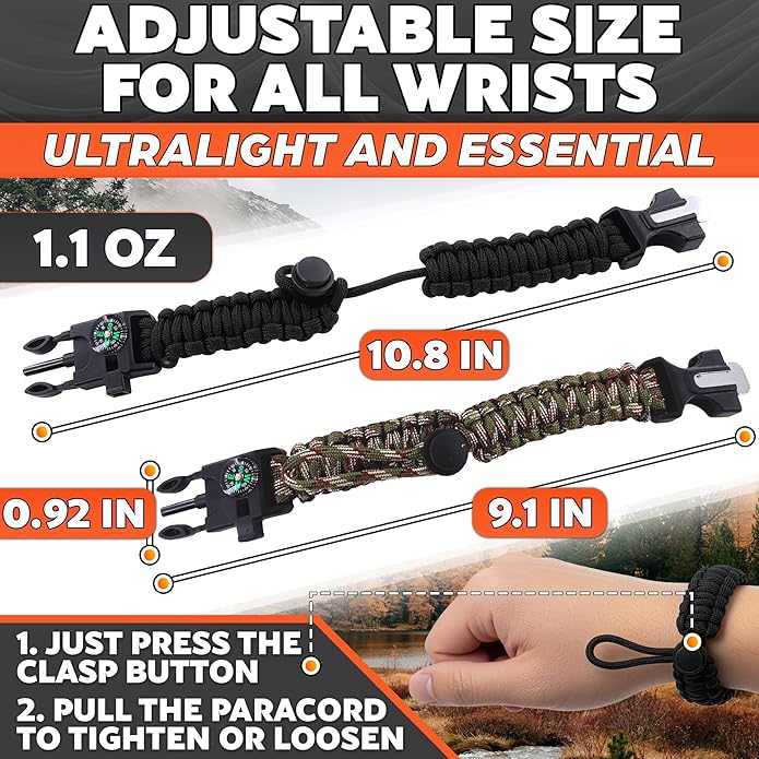 Paracord Bracelets for Men and Women – Adjustable Survival Paracord Bracelet with 10 ft Nylon Survival Cord, Flint Fire Starter, Compass, Whistle & Scraper – Gear for Camping, Hiking, Fishing & Travel