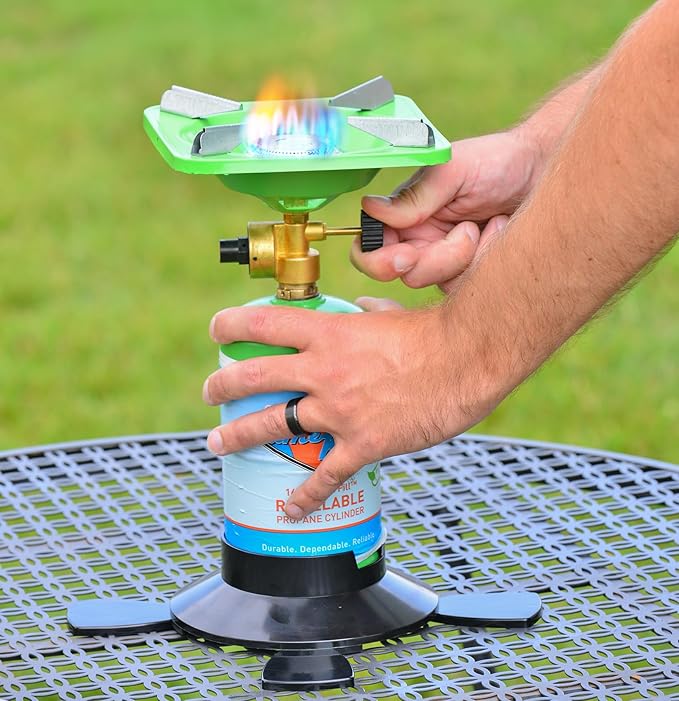 Flame King YSNVT-508 Portable BottleTop Camping Stove with Stable Lightweight Base Stand, Great for Outdoor Cooking, Backpacking, Compatible with 1LB Propane Gas Bottle