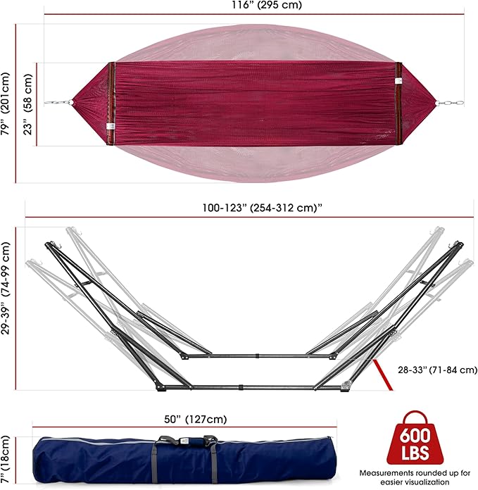 Tranquillo Adjustable Hammock Stand, Collapsible Camping Hammock with Stand, 600 lbs Capacity Hammock Stand for 2 Persons, Foldable Sturdy Noiseless Stand for Active Life Carry Bag Included, Red