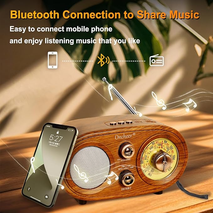 Oncheer Portable Retro Vintage Bluetooth Speaker Radio, FM/AM/SW 3 Band, Adjustable Antenna, Battery Powered, Support TF Card, USB Playing Music, Home Decor Gifts for Friends Family -Brown Color