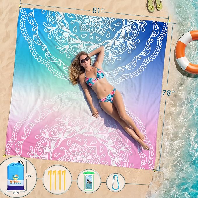 BYDOLL Beach Blanket 78''X81'' Waterproof Sandproof Suits1-4 Adults Oversized Lightweight Large Blanket Picnic Mat for Beach Sand Free Travel Camping Hiking Picnic