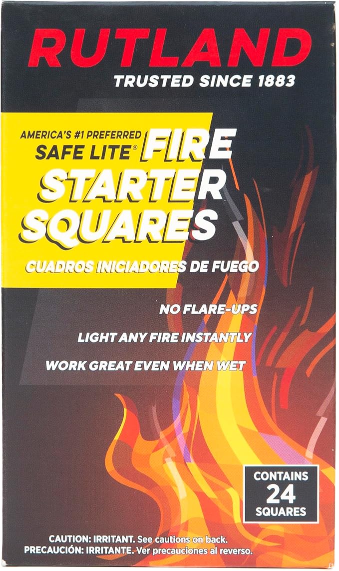 Rutland Safe Lite Fire Starter Squares - Heavy Charcoal Starters for Fireplace, Grill Pit, BBQ & Campfires - USA-Made Camping Accessories - Odorless Long Burn - 24 Squares