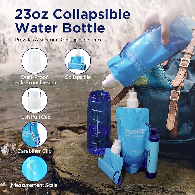 Membrane Solutions Squeezable Water Filtration System, Survival Water Purifier Kit, Portable Backpacking Gear Including Water Filter Straw and 23oz Collapsible Bottle for Hiking Camping Travel(5+6)