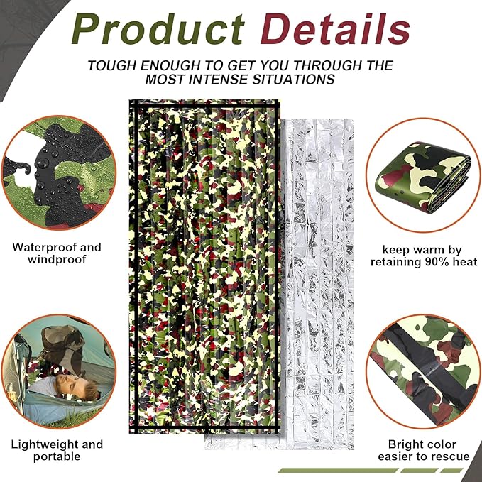 Preboun Camo Emergency Sleeping Bags Camo Blankets Emergency Shelter Survival Gear Portable Lightweight Thermal Bivy Sack Waterproof for Outdoor Camping Hiking Homeless Shelter