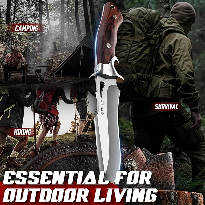 Dragon Creek Fixed Blade Knife - Bowie Knife with Wooden Handle Leather Sheath for Fishing Camping Men Gift