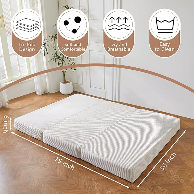 BYBYME Tri-Folding Corduroy Mattress, 6 Inches Gel Folding Mattress Topper, Foldable Soft Guest Bed Camping Pad, Washable Cover (Beige, Twin)
