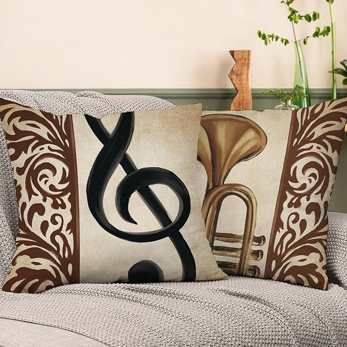 Classical Music Decorative Throw Pillow Covers 20 x 20 Set of 4, Vintage Instrument Violin Piano Trumpet Note Home Decor, Retro Sofa Couch Cushion Case Music Lover Singer Fan Housewarming Gift
