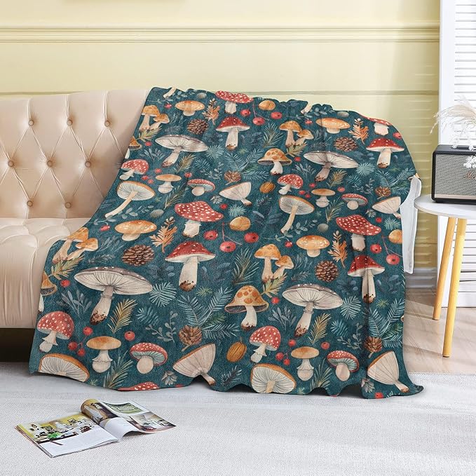 Colorful Mushroom Fleece Blanket - 50x60in Retro Fern Forest Nature Throw Blankets,Soft Cozy Lightweight, Ideal for Living Room Home Rustic Decor and Kids Women Girls Spring Gifts