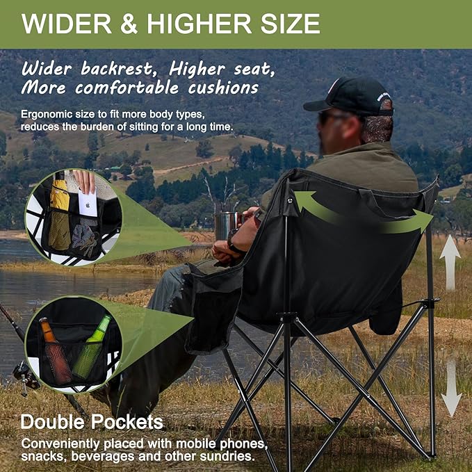 Joyfair Outdoor Camping Chair for Adult, Large Portable Folding Moon Chairs with Carry Bag for Patio Beach, Fishing, Lawn and More Outdoor Sports, 600D Oxford Fabric & Heavy Duty Steel (2, Black)