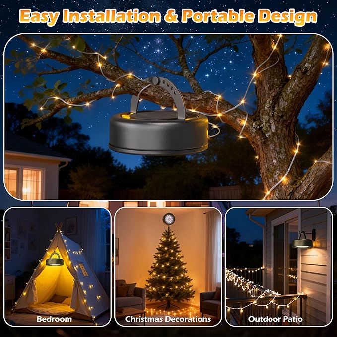 5200 mAh Solar Camping String Lights, Portable Warm White Fairy String Light, 33FT 4-in-1 Waterproof Hanging String Lights, USB-C Rechargeable Phone Charger for Christmas Decor, Patio, Party
