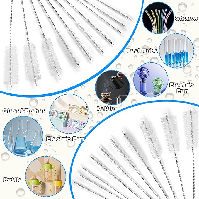Ixiaoyoo Cleaning Brushes Set, 10 Pieces 8 Inch Nylon Tube Brush + 60 Inch Flexible Long Drain Brush, Hose Pipe Brush, Suitable for Home Kitchen, Bathroom, Fish Tank, Water Pump Accessories (White)
