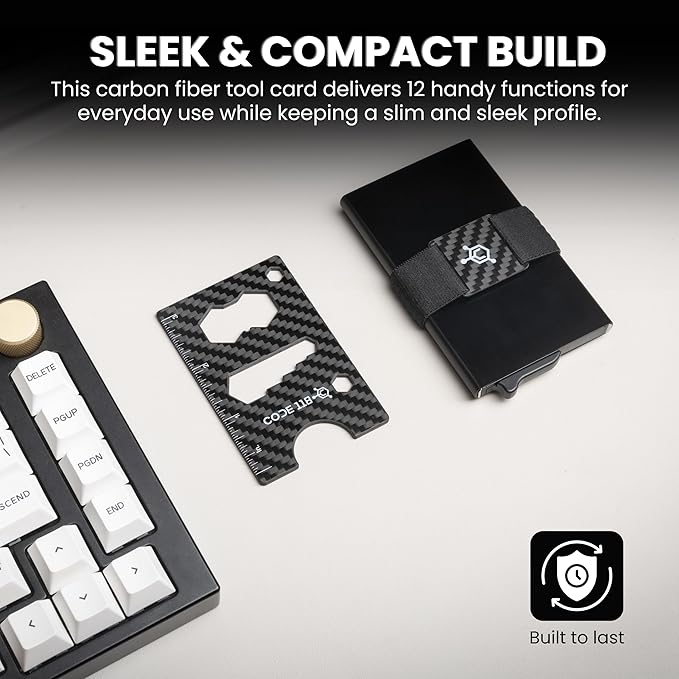 Code 118 Multi-Tool Card - 12-in-1 Credit Card Multitool with Bottle Opener, Ruler (In & CM) and 8 Wrench Sizes - Slim Survival Multipurpose Tool, Wallet not Included (Carbon Fiber)