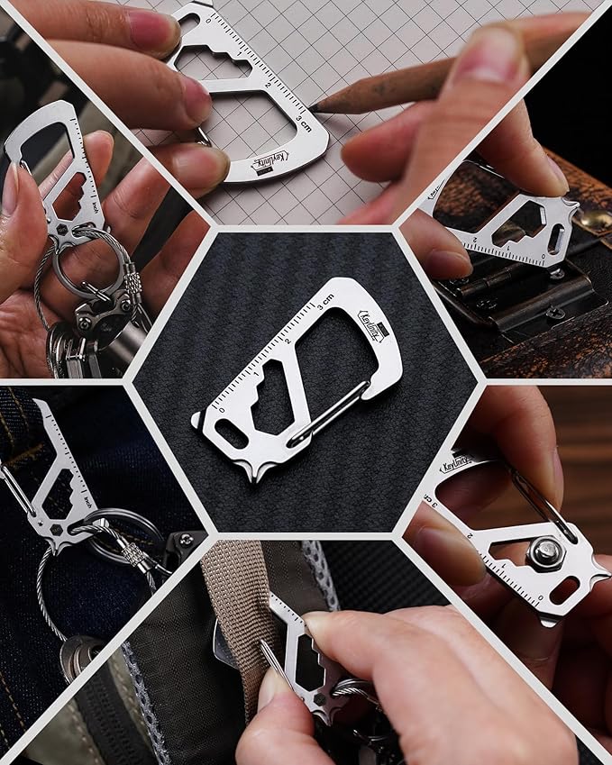 KeyUnity KS00S Carabiner Clip Multitool Stainless Steel 7 Tools in 1, Quick Release Clasp, Wrench, Cross Screwdriver, Slotted Screwdriver, Bottle Opener, Ruler, Key Holder (Silver,Small)