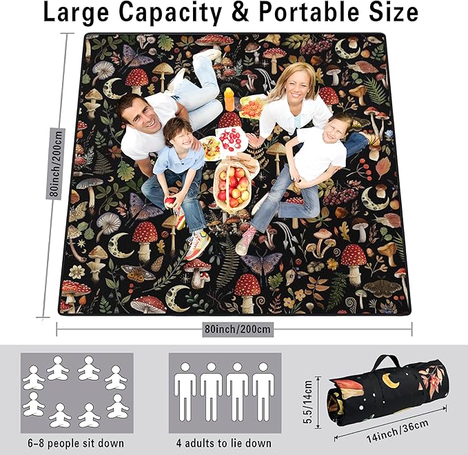 Supfitness Extra Large Picnic Blankets Waterproof Foldable (80"x 80") Mushroom Beach Blanket Waterproof Sandproof,3-Layer Thicking Mat Outdoor Packable Camping Blanket
