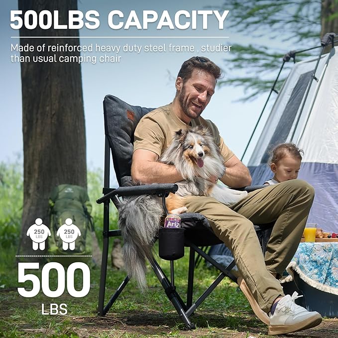 EVER ADVANCED Padded Oversized Folding Camping Chair for Adults, Heavy Duty Lawn Chair with Side Pockets, Portable Collapsible Quad Chair for Outside, Support Up to 500lbs, Black