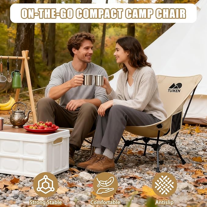 Ultralight Camping Chair Backpacking Chair, Portable Camp Chair with Cup Holder & Storage Bag, Lightweight Compact Folding Chair for Hiking, Travel, Picnic Mountaineering (Light Brown)