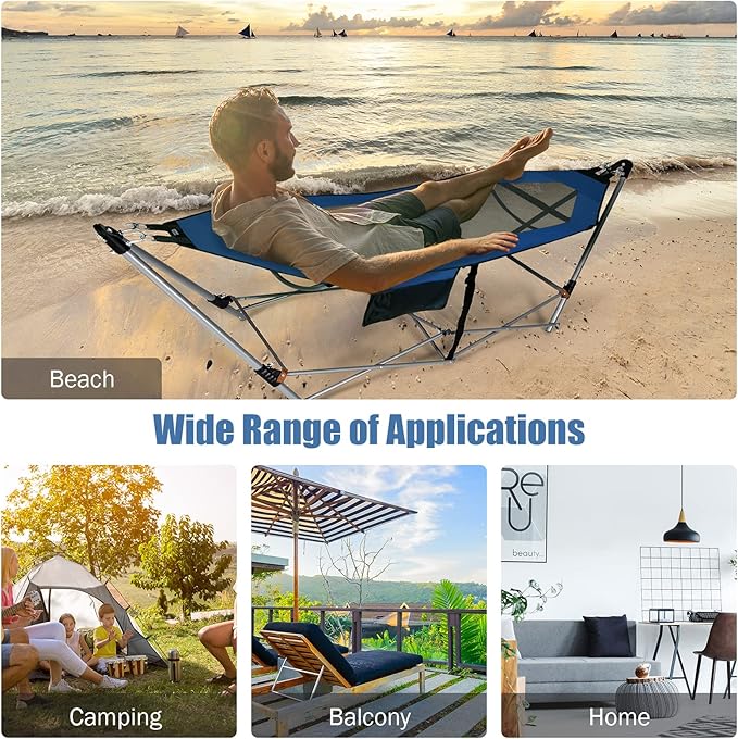 Portable Folding Hammock w/Side Pocket, Lounge Camping Bed w/Metal Stand & Anti-tip Buckles, Outdoor Camping Hammock with Carrying Bag for Patio Garden Yard, Easy Assembly (Blue)