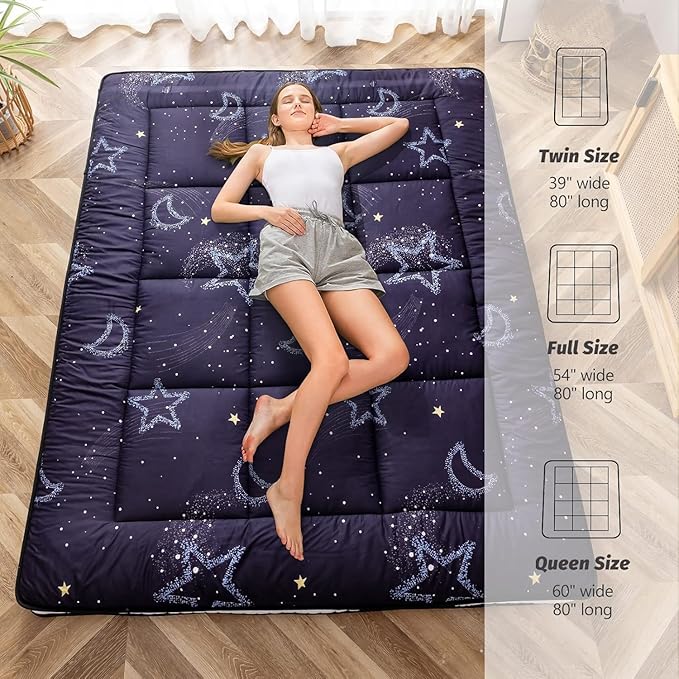 MAXYOYO Black Moon and Star Futon Mattress, Padded Japanese Floor Mattress Quilted Bed Mattress Topper, Extra Thick Folding Sleeping Pad Floor Lounger Guest Bed for Camping Couch, Queen
