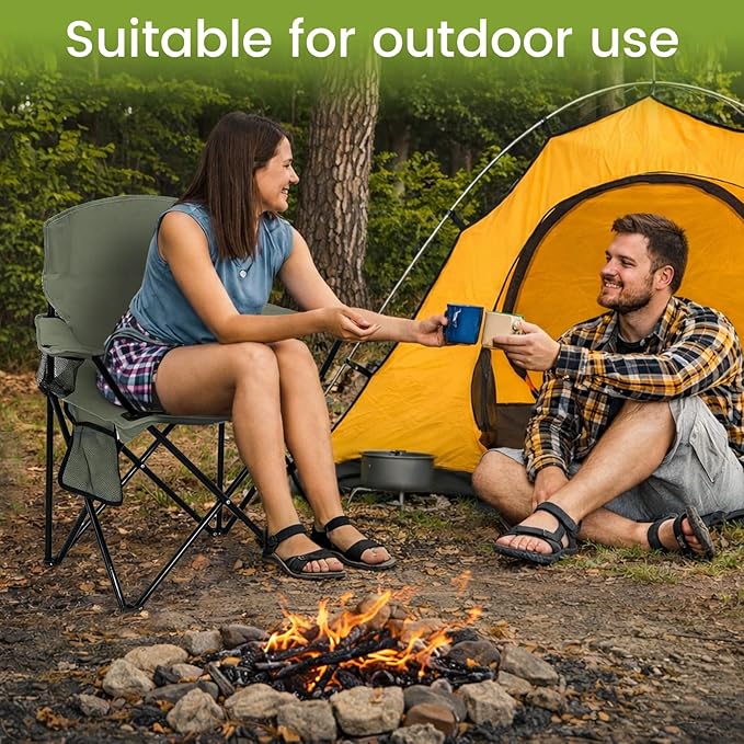 2 Pack Folding Camping Chair with Cup Holder & Side Storage Bag 300lbs Capacity Lightweight High Back Portable for Beach, Picnic, Sport, Green