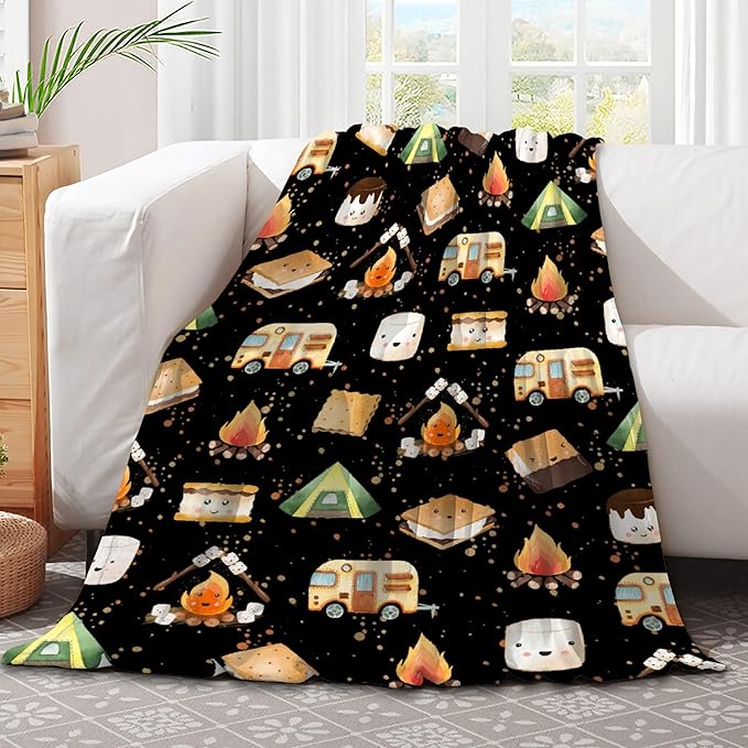 Cute S'Mores Flannel Blanket | Ultra Soft Roasted Marshalows Throw for Couch/Sofa/Travel/Camping | Camping Blanket Gifts for Camper Lover Decor - 60"x80"-Adults/Twin Size