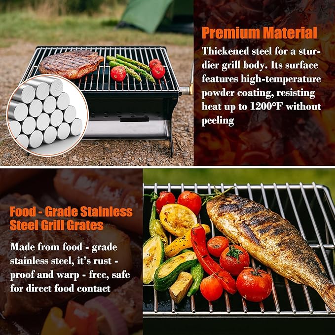 QuliMetal Portable Camping Grill – Foldable Charcoal/Gas Grill with Carry Bag | Heavy-Duty Backpacking BBQ & Fire Pit Grill for Outdoor Cooking, Camping, Tailgating, Patio & Backyard