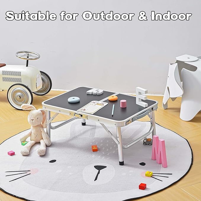 YihuiKo Small Folding Table, Aluminum 24" x 16" Adjustable Height Max 27.5" Folding Camping Table with Carrying Handle, Lightweight, Portable Camp Table for Outdoor Indoor Picnic Beach, Black