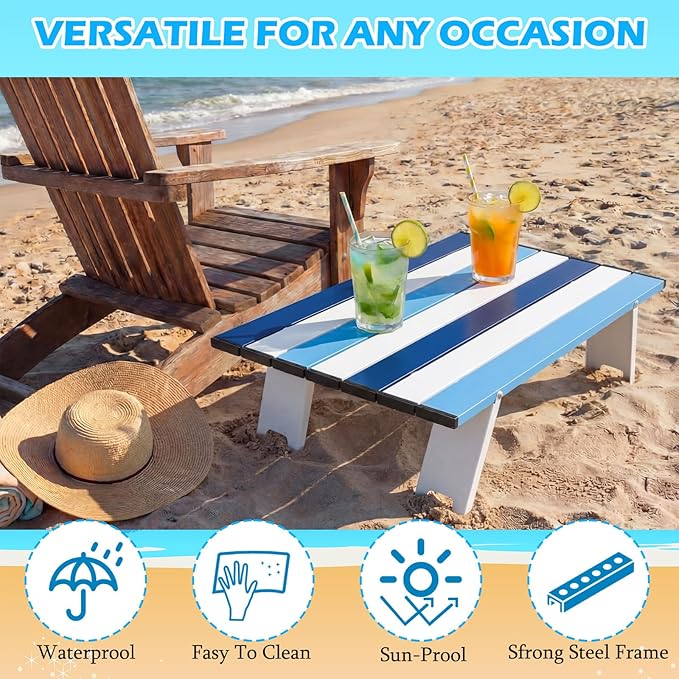 CroBlissful Beach Table Folding Camping Portable Table Striped White Aluminum Side with Carry Bag for Camping Picnics and Outdoor Activities(22x16x5 in,Navy Blue)