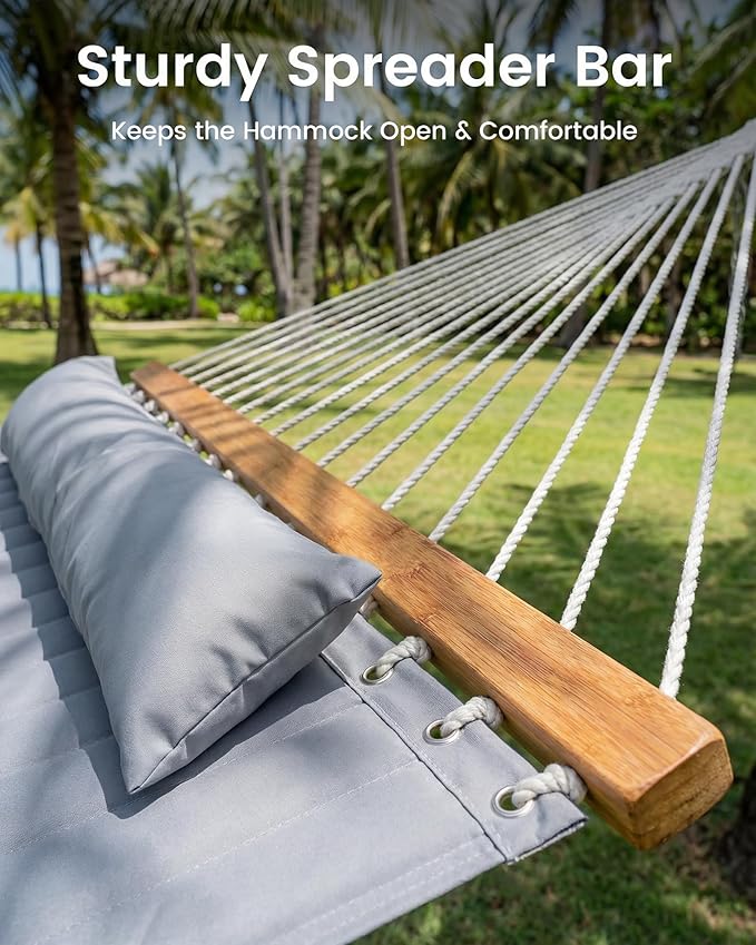 ANAGOO Double Quilted Outdoor Hammock for 2 Adults, 500lb Capacity Backyard & Camping Hammock with Pillow and Bamboo Spreader Bar, Fits 11–15ft Hammock Stands (Stand Not Included),Dark Gray