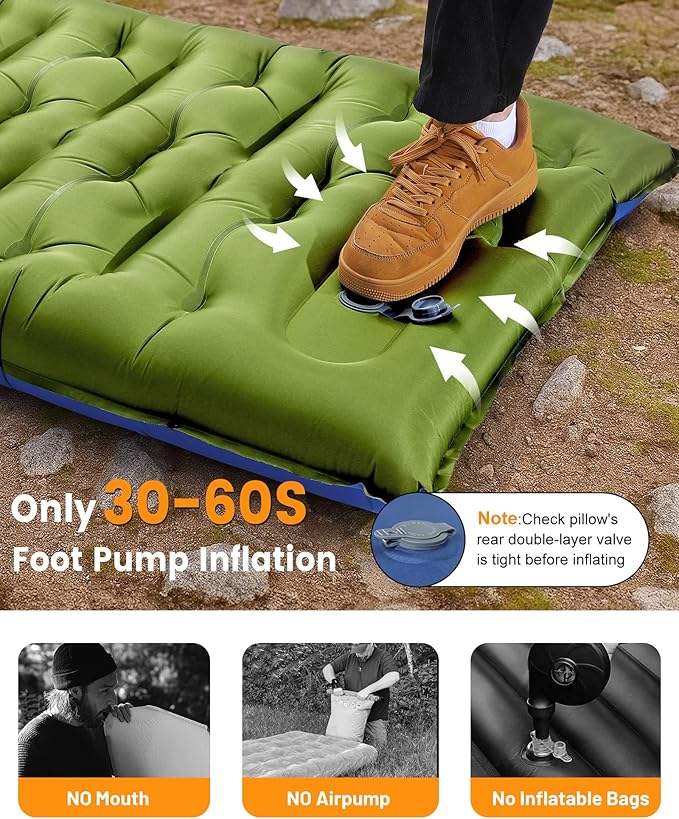 Camping Sleeping Pad,5.9 Inch Thick Camping Mat with Built in Pillow and Foot Pump,Self Inflating Sleeping Pad for Camping Backpacking（Green