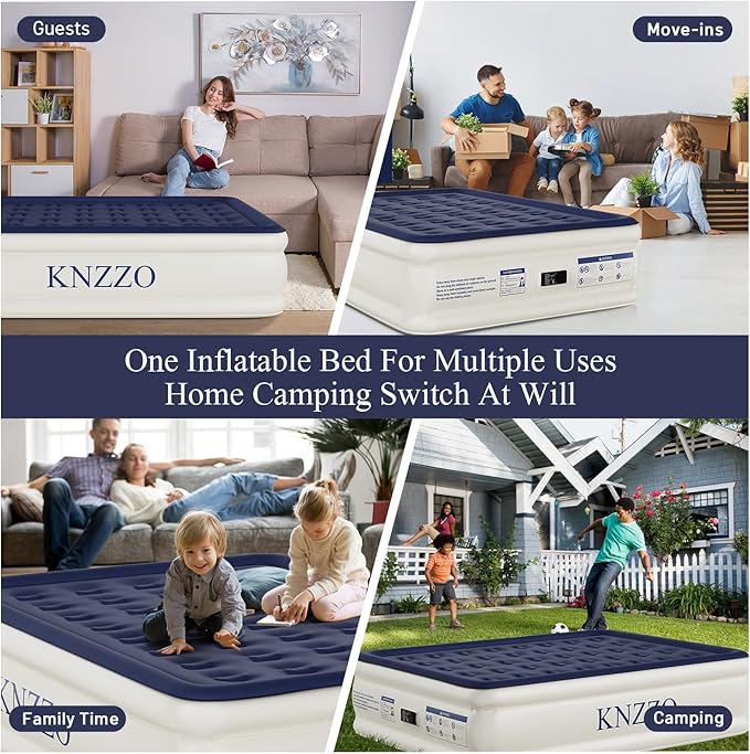 KNZZO Air Mattress Queen with Built-in Pump, Blow Up Mattress with Soft Flocked Top, Leakproof Inflatable Mattress, Foldable Waterproof Air Bed for Home, Guests, Camping, with Storage Bag
