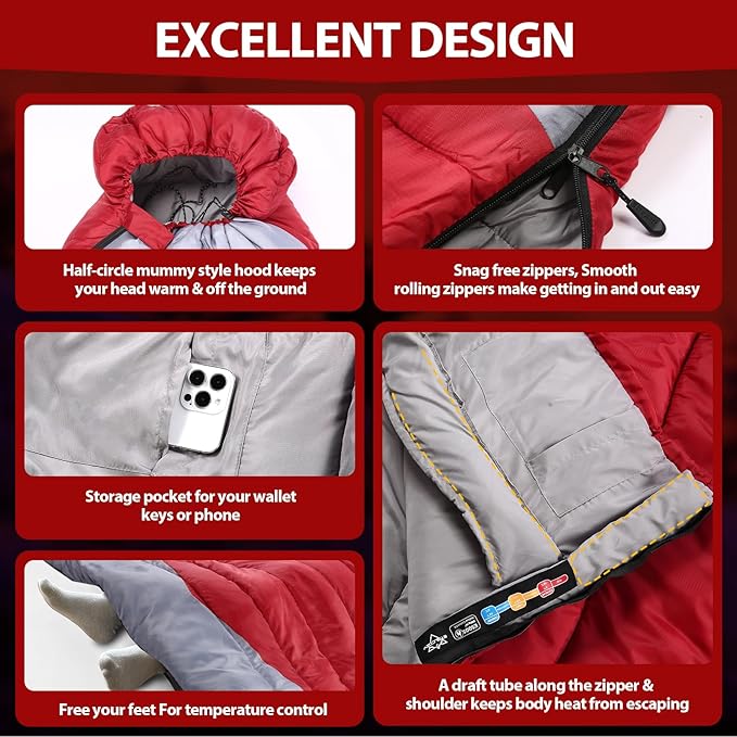 Lightweight 3-Season Sleeping Bag for Adults/Kids Camping, Compact w/Compression Sack, Waterproof Ripstop, Portable for Backpacking Hiking Travel