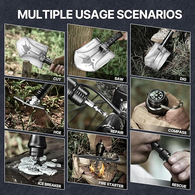 Camping Shovel Survival Kit, 2.0 Version One-Click Conversion Military Grade Multifunctional Folding Tactical Shovel with Titanium Backpacing Trowel for Camping, Emergency, Gardening, Hiking