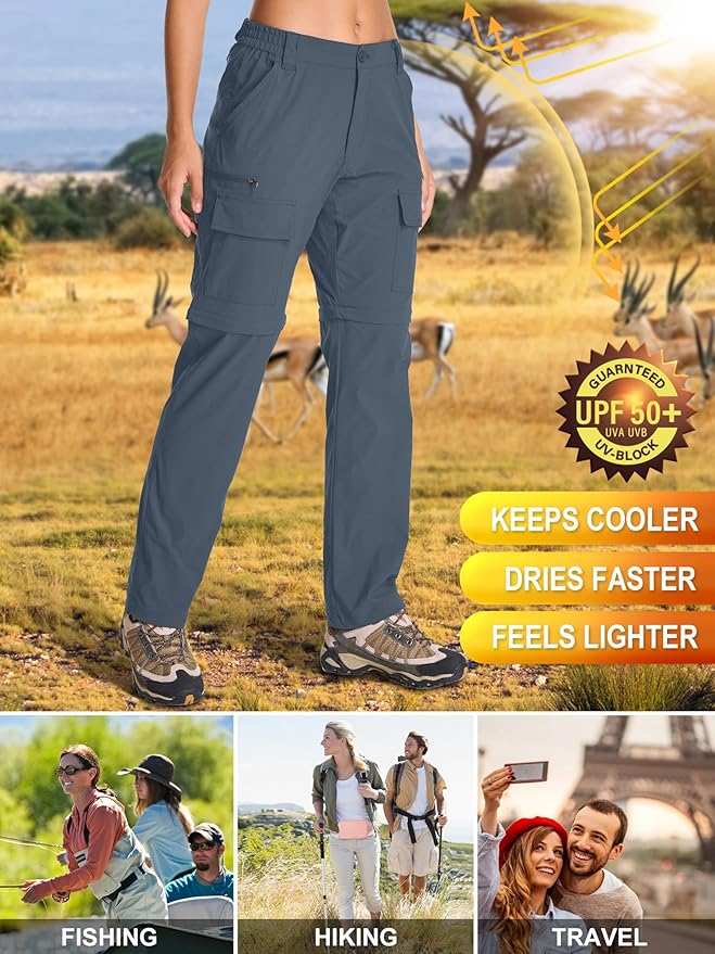 Womens Hiking Pants Convertible Quick Dry Stretch Lightweight Zip Off Outdoor Safari Pants with Cargo Pockets