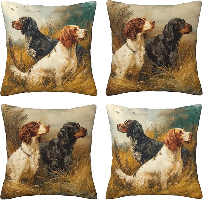 Vintage Dog Throw Pillow Covers 18 X 18 Inch Set of 4 Decorative Cushion Cover Home Decor for Sofa Chair Couch Bedroom Living Room