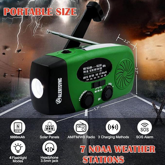 iRonsnow Solar Emergency Hand Crank Weather Radio, Portable Self Powered NOAA AM/FM Radios with SOS Alarm LED Flashlight 5000mAh Smart Phone USB Charger for Camping (Green)