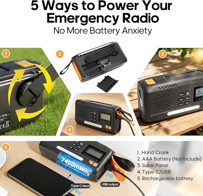 Emergency Crank Radio with NOAA Weather -Alert 7400 mWh Solar Hand Crank Portable AM/FM Radio, Rechargeable Battery USB Charger Flashlight LCD Screen Headphone Jack for Home Outdoor Hurricane Survival