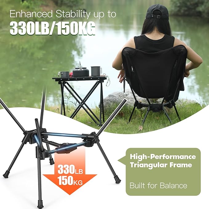 AuroraTrail Ultralight Backpacking Camping Chair – Only 2.7 lb, Supports 330 lb, Compact Folding Outdoor Seat with Carry Bag, 7075 Aluminum Frame for Hiking, Camping & Festivals (Black)