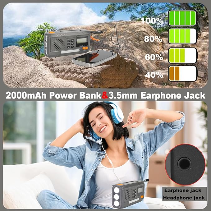 Emergency Hand Crank Radio, 7400mWh Solar Weather Radio with AM/FM/NOAA, Battery Powered Radio with Cell Phone Charger, Digital Display, Flashlight, Headphone Jack & SOS Alarm for Outdoor/Survival