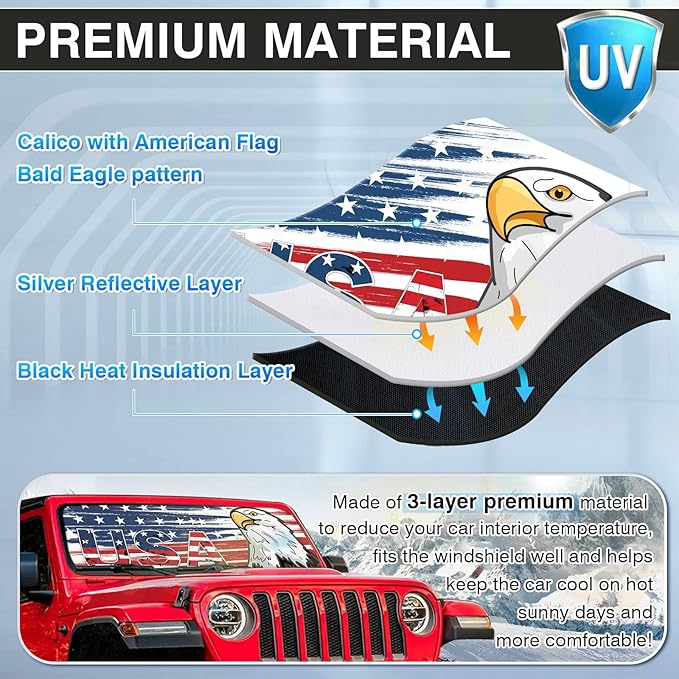 Canvcle Windshield Flag Sun Shade Sun Visor Heat Shield for 2018-2026 Jeep Wrangler JL & 2/4 Door 4XE & 2020-2026 Jeep Gladiator JT Thicken 3-Layer Keep Vehicle Cool Protect Your Car from Sun Heat