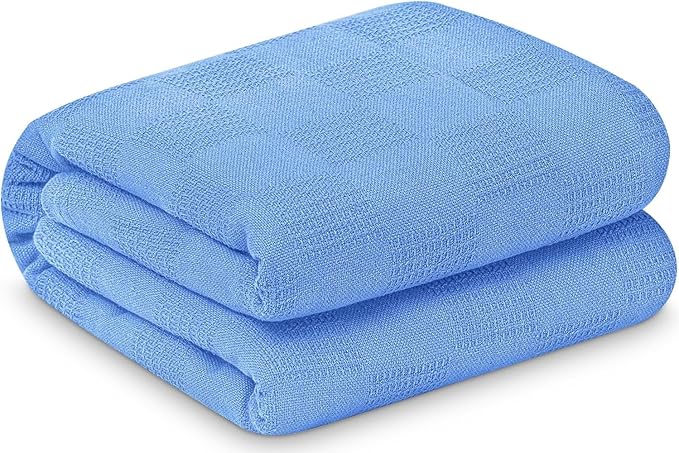 Linteum Textile Supply Blue - Snag Free Hospital Thermal Blanket 66x90 Inch 100% Cotton, Soft and Cozy, Breathable, All Season Twin Hospital Blanket (1-Pack)