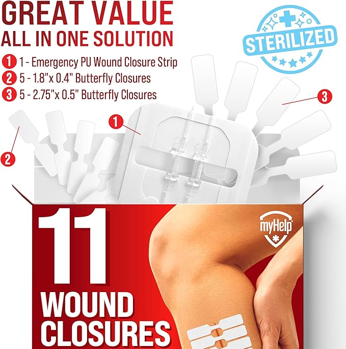 Emergency Wound Closure Strips - 11pk - 2 Types Easy to Use Butterfly Bandages - Stitchless & Painless Laceration Closure Kit