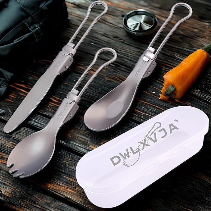 DWLXVJA Titanium Camping Utensils Set, 3-Piece Foldable Spork Spoon Knife with Case, 0.15lb Lightweight Travel Flatware for Backpacking Outdoor Hiking Office Lunch, Reusable Eco-Friendly Gift