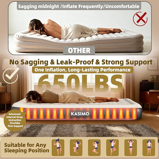 KASIMO Air Mattress Queen with Built-in Battery Powered Removable Pump, TPU Blow Up Mattress with Pillow, Strong Support All Night, No Lost Air,Compact Inflatable Air Bed for Home Guests Camping